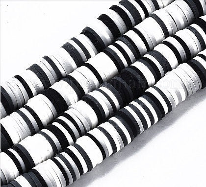Heishi Polymer Clay Beads 6mm x 1mm - Black & White - 1 Strand 320 Bea