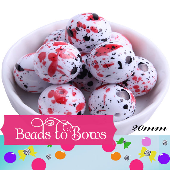 New 20mm Red Black on White Splatter Bubblegum Beads, Red And Black Splatter Bubblegum Beads, Splatter Beads, Bubblegum Beads