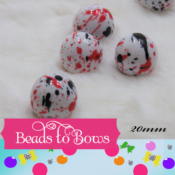 New 20mm Red Black on White Splatter Bubblegum Beads, Red And Black Splatter Bubblegum Beads, Splatter Beads, Bubblegum Beads