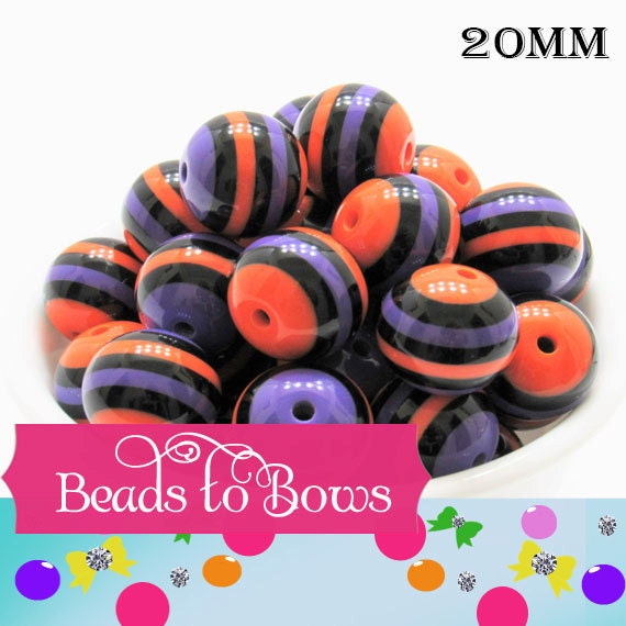 20mm Orange,Purple, Black Striped Bubblegum Beads, Chunky Resin Striped Gumball Beads, Halloween BeadsChunky Necklace Beads, Jewelry Supply