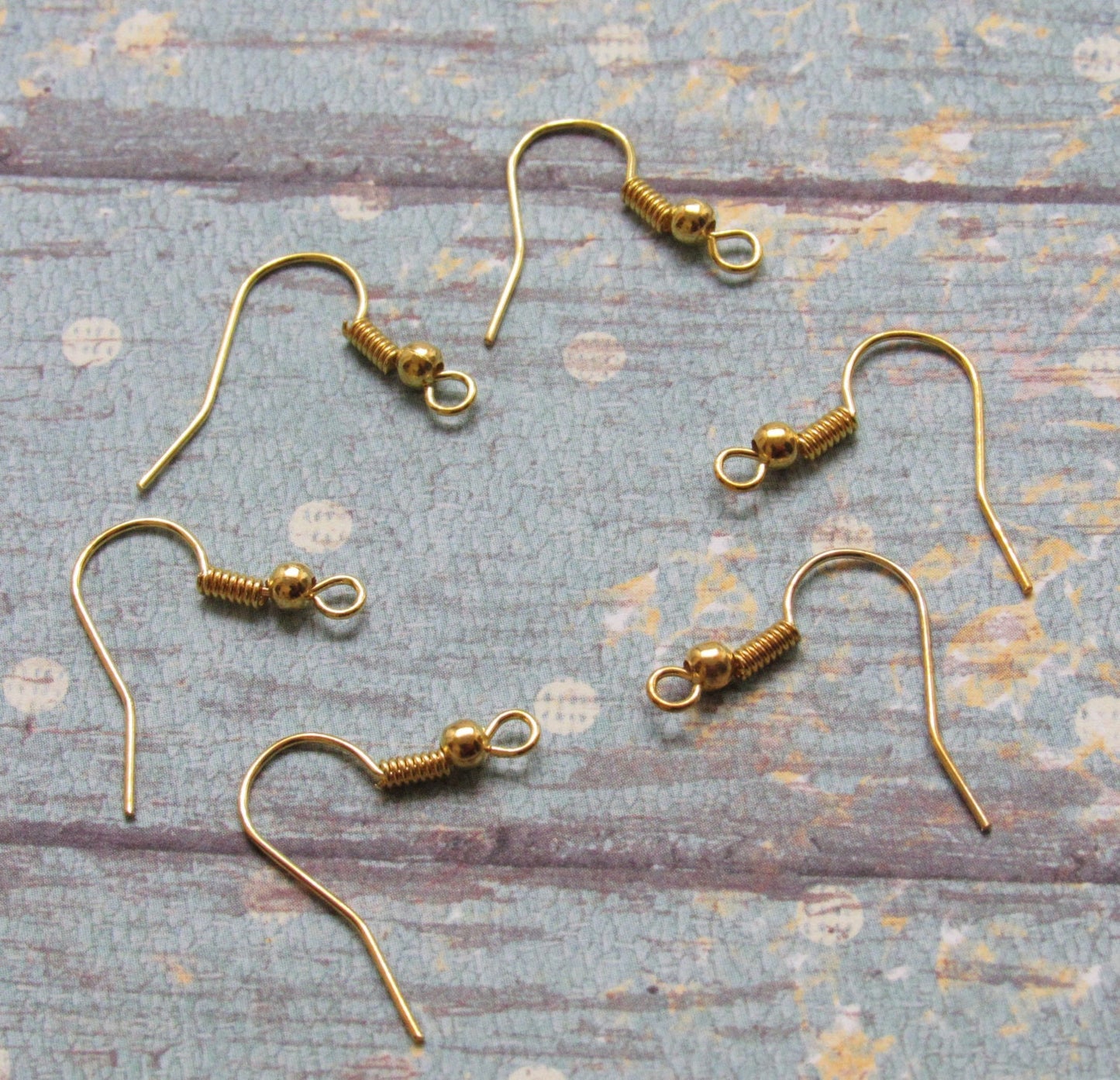 10 Pair Gold Earring Hooks, Earring Wires, Bead and Coil fish hook earring wires, Findings, Jewelry Supplies, Earring Wires