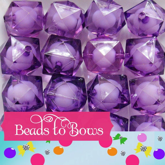 Purple 20mm Transparent Faceted Beads, Bead In A Bead Bubblegum Bead, Chunky Transparent Beads, Chunky Bead Bubblegum Bead