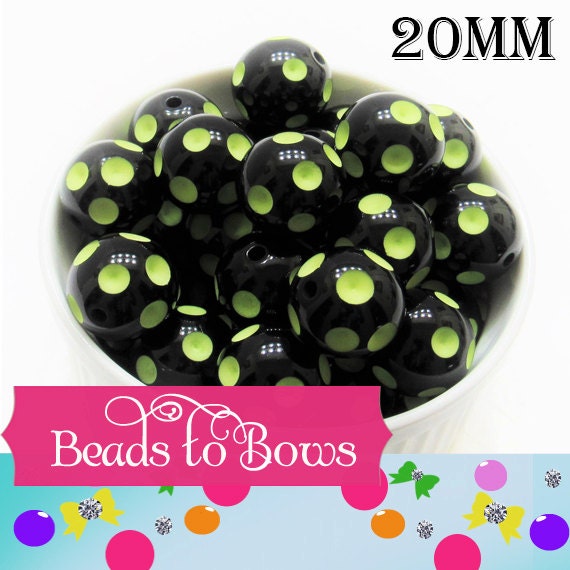 Black with Lime Polka dot beads 20mm bubblegum beads polka dot black beads chunky acrylic dotted beads gumball polka dots bead