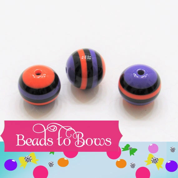 20mm Orange,Purple, Black Striped Bubblegum Beads, Chunky Resin Striped Gumball Beads, Halloween BeadsChunky Necklace Beads, Jewelry Supply