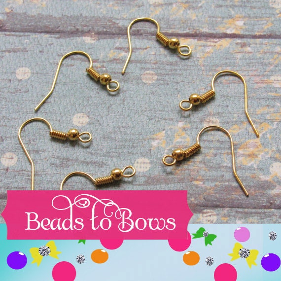 10 Pair Gold Earring Hooks, Earring Wires, Bead and Coil fish hook earring wires, Findings, Jewelry Supplies, Earring Wires