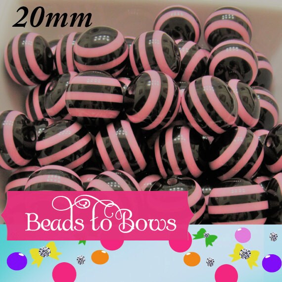 20mm Pink & Black Striped Bubblegum Beads, Chunky Bubblegum Beads, Chunky Gumball Resin Bead, Chunky Necklace Supply Beads, Gumballs