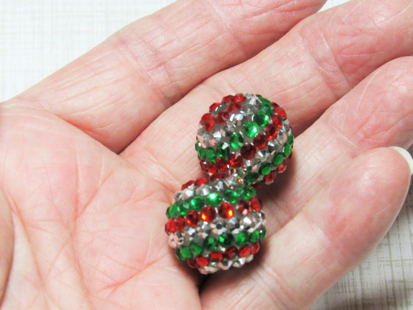 20mm Red, Green, Silver, Bubblegum Striped Rhinestone Beads, Christmas Beads, Chunky Gumball Beads, Bubblegum Necklace Bead Supply,