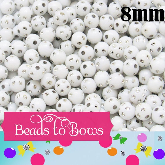 8mm White Bling Bubblegum Beads, Chunky Bubblegum Beads, Acrylic Beads, Chunky Necklace Supply Beads, Chunky Gumball Beads