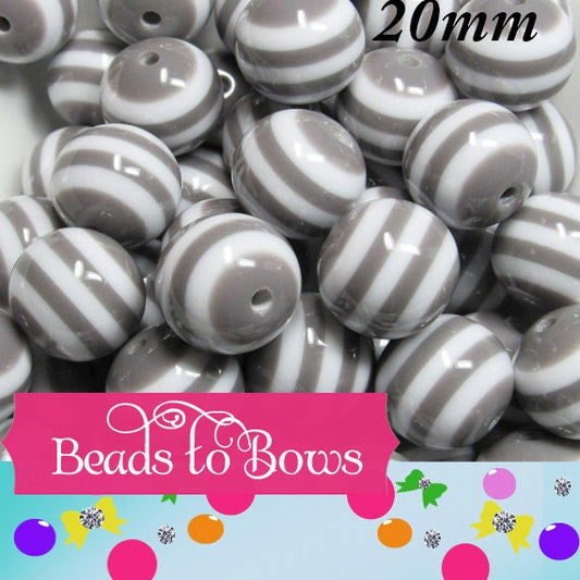 Chunky Grey and White Striped Bubblegum Beads, Bubblegum beads, Bright Beautiful Striped Gumball Beads, Chunky Necklace Supply Bead