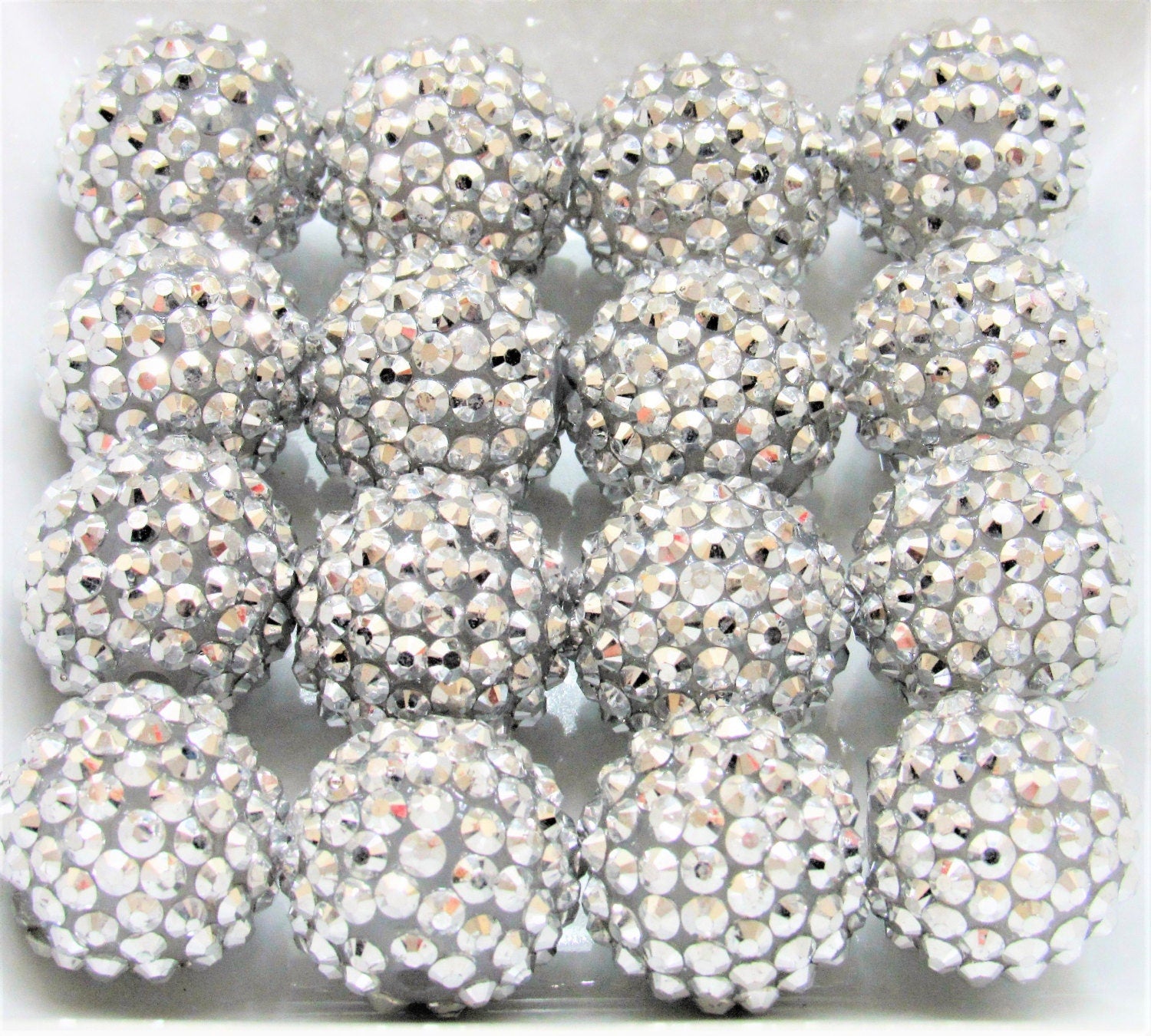 20mm Silver Rhinestone Bubblegum Beads, Silver Rhinestone Chunky Bubblegum Beads,  Chunky Necklace Beads, Rhinestone Chunky Supply Beads