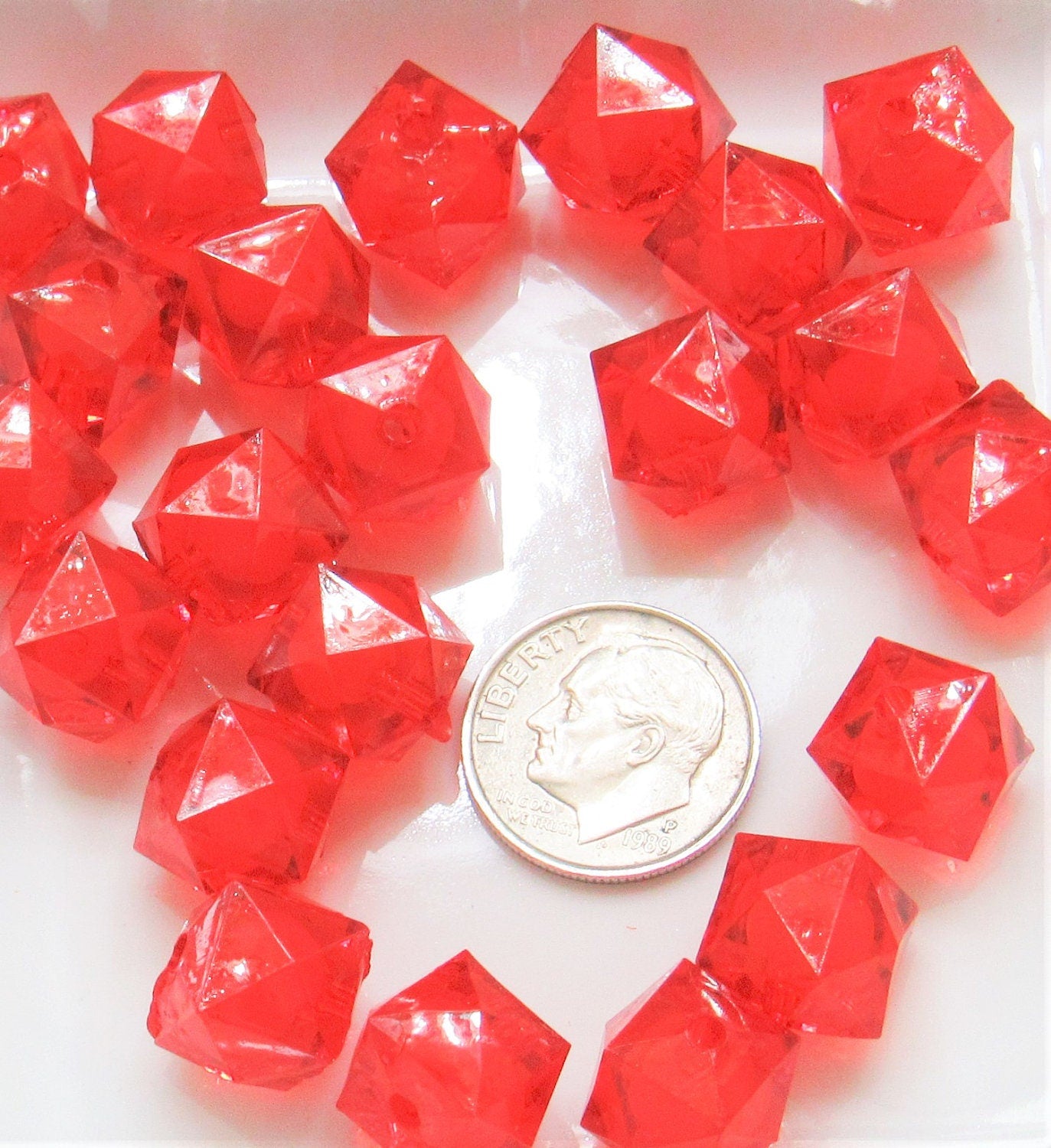 Red 12mm  Bead in a Bead, Bubblegum Beads, Chunky Beads, Faceted Bead, Transparent Ice Cube Beads, Fairy kawaii Bead Supply