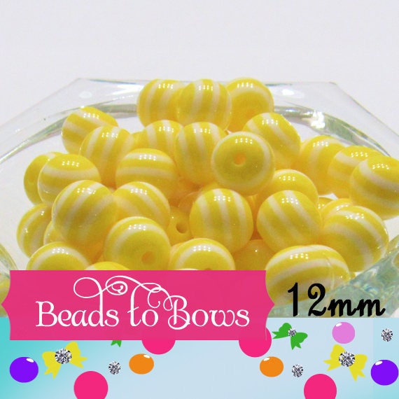 12mm Yellow Striped Bubblegum Bead, Chunky 12mm Striped Beads, Chunky Bead Supply, Striped Beads, Gumball Beads, Striped Gumball Beads