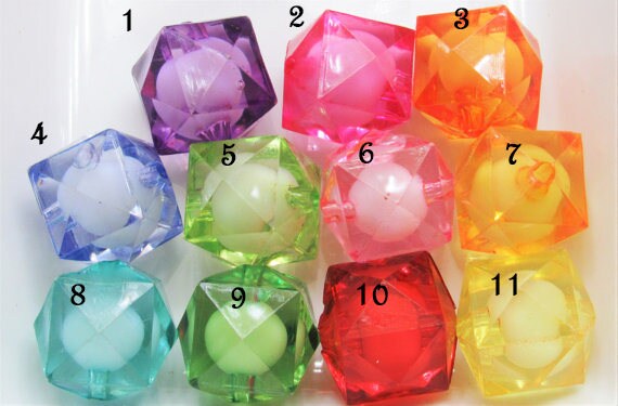 10 or 20 Count Cubed Transparent 20mm Faceted Beads, Bead In A Bead Bubblegum Bead, Chunky Transparent Beads, Chunky Bead Bubblegum Bead