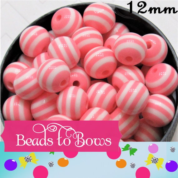 12mm Pink Striped Bubblegum Bead, Chunky 12mm Striped Beads, Chunky Bead Supply, Striped Beads, Gumball Beads, Striped Gumball Beads