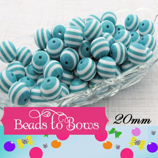 20mm Cyan Striped Bubblegum Beads, Bubblegum Beads,  Chunky Acrylic Striped Gumball Beads, Round Chunky Bubblegum Beads, Bead Supply