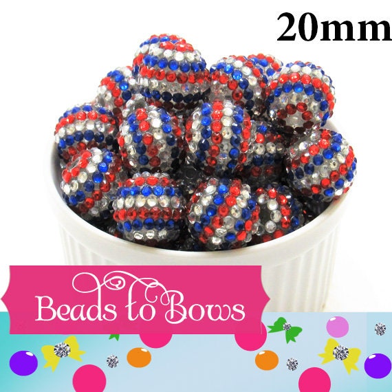 20mm Red White Blue Striped Bubblegum Rhinestone Beads, July 4th. Beads, Chunky Gumball Beads, Bubblegum Necklace Bead Supply,