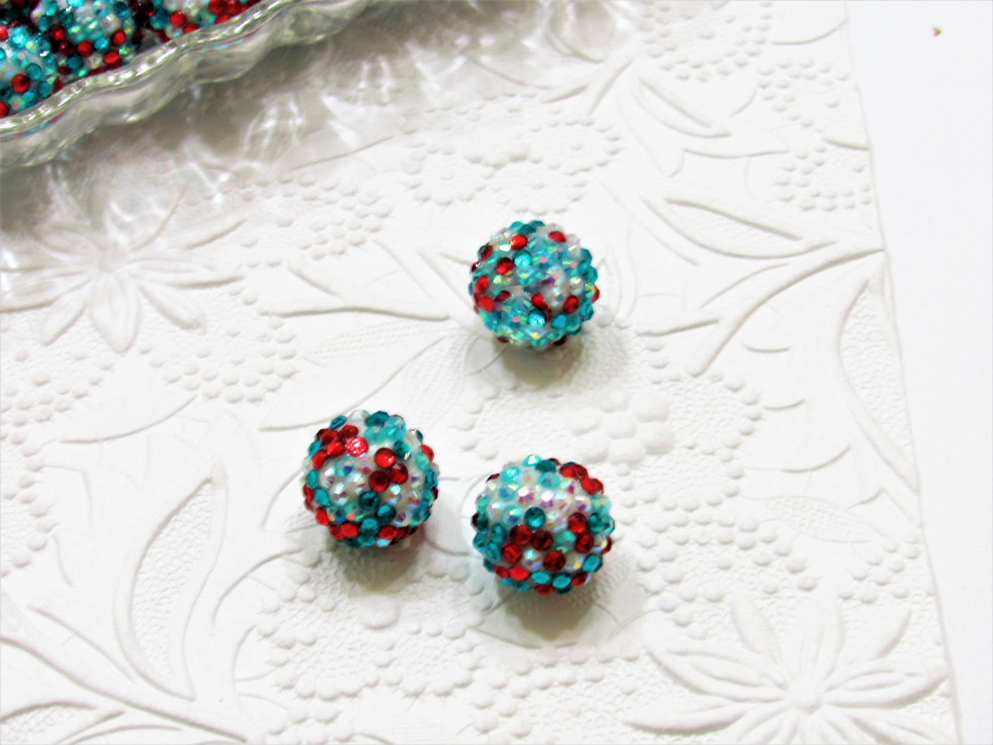 Chunky 20mm Rhinestone Beads, Aqua Red and White Confetti Beads,  Rhinestone Beads, Chunky Rhinestone beads, Bead Supply