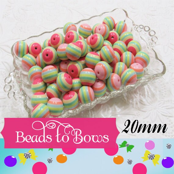 20mm Pink Aqua And Yellow Striped Bubblegum Bead, Chunky Bubblegum Beads, Gumball Candy Striped Beads, Chunky Necklace Supply Bead