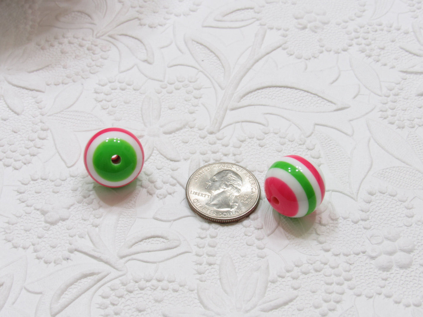 20mm Hot Pink Green and White Striped Bubblegum Beads, Bubblegum Bead, Gumball Beads, Striped Gumball Bead, Chunky Necklace Supply Bead