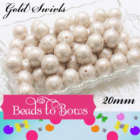 20mm Gold on White Swirl Printed Pearls,  Bubblegum Beads, Chunky Gumball Beads, Bubblegum Bead Supply, Chunky Printed Pearl Beads