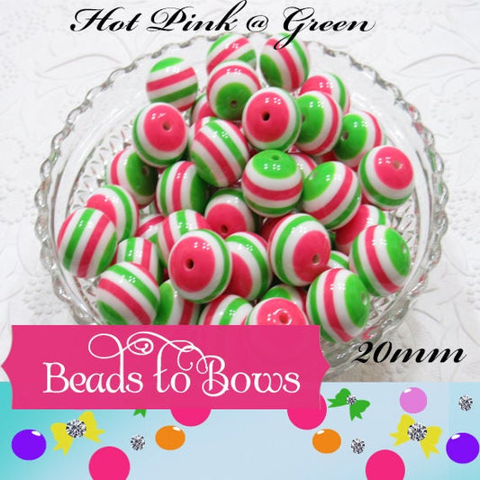 20mm Hot Pink Green and White Striped Bubblegum Beads, Bubblegum Bead, Gumball Beads, Striped Gumball Bead, Chunky Necklace Supply Bead