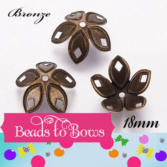 18mm Bronze Flower Bead Cap, 18mm Bronze Tone Flower Bead Cap, Findings, Jewelry Findings, Beading Supply