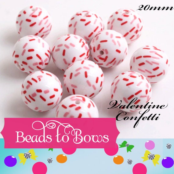 10 Ct. Pinks, Red on White 20mm Valentine Confetti Bubblegum Beads , Bubblegum Necklace Supply,  Chunky Beads, Gumball Beads