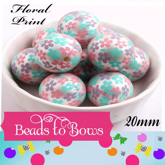 NEW 20mm Pink, Purple, Blue Flower Print Pearls, Bubblegum Beads, Chunky Gumball Beads, Bubblegum Bead Supply, Chunky Printed Pearl Beads