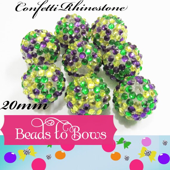 New Chunky Confetti Purple, Yellow, Green 20mm Rhinestone Beads,  Bubblegum  Beads, Chunky Rhinestone beads, Mardi Gras Chunky Bead Supply