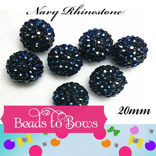 NEW 20mm Dark Navy Bling Resin Rhinestone Bubblegum Beads, Chunky Bubblegum Rhinestone Bead, Rhinestone Bubblegum Beads Chunky Necklace Bead