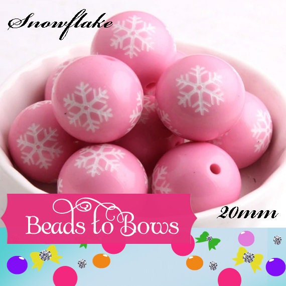 20mm Printed Snowflake Bubblegum Beads, Chunky Beads, Snowflake Print Beads, Chunky Necklace Supply Bead, Acrylic Bubblegum Bead,