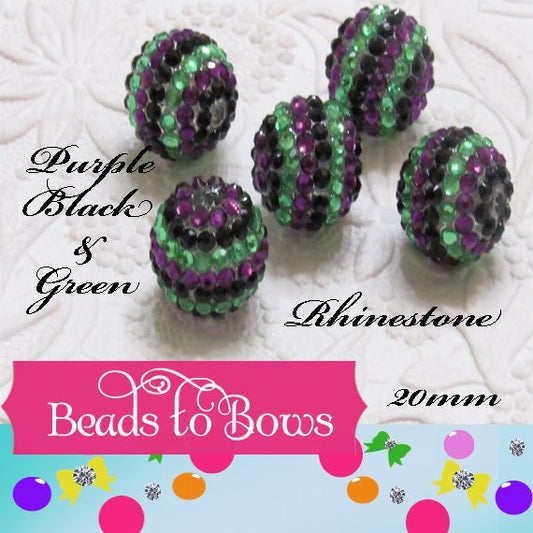 20mm Purple Green & Black Striped Bubblegum Rhinestone Beads, Chunky Beads, Chunky Gumball Beads, Bubblegum Necklace Bead Supply,