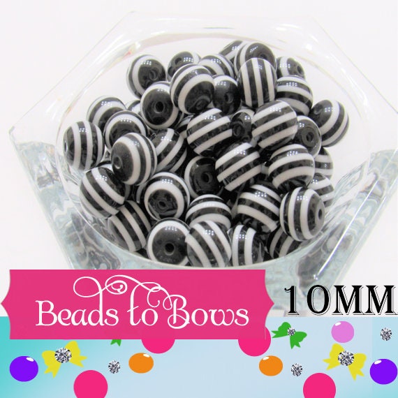 10mm Black Striped Bubblegum Beads, Chunky Beads, Gumball Beads, Chunky Necklace Bead Supply,  Jewelry Beads,