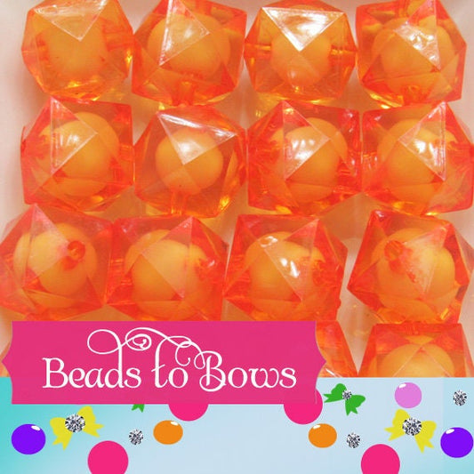 20mm Orange Cubed Faceted Beads, Bead In A Bead Bubblegum Bead, Chunky Faceted Beads, Chunky Beads Bubblegum Bead