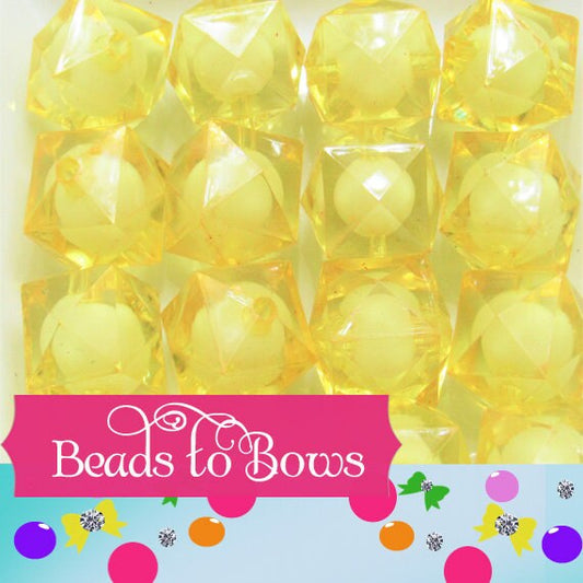 20mm Yellow Cubed Faceted Beads, Bead In A Bead Bubblegum Bead, Chunky Faceted Beads, Chunky  Beads Bubblegum Bead