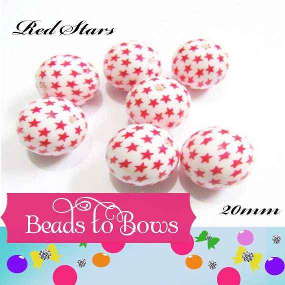 20mm Red Star Printed Pearl Bubblegum Beads, Acrylic Beads, Chunky Necklace Bead, Pearl Beads With Stars, July 4th. Bead Supply