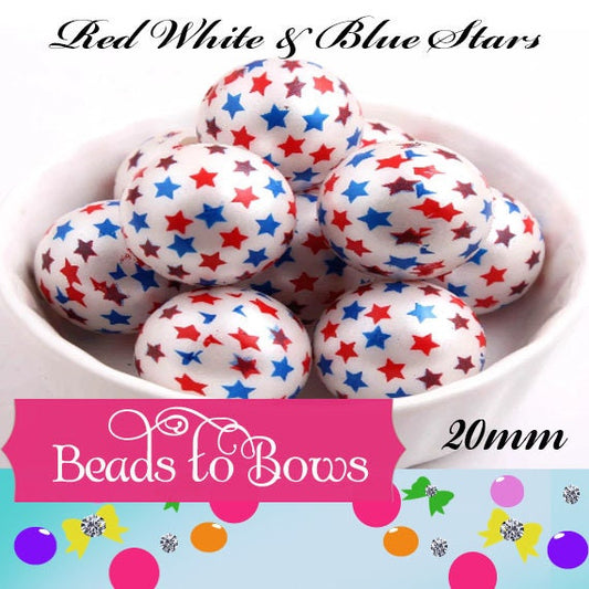 10ct. 20mm Red Blue Stars Print On White Pearl Bubblegum Beads, Chunky Gumball Beads, Bubblegum Bead Supply, Chunky Printed Pearl Beads