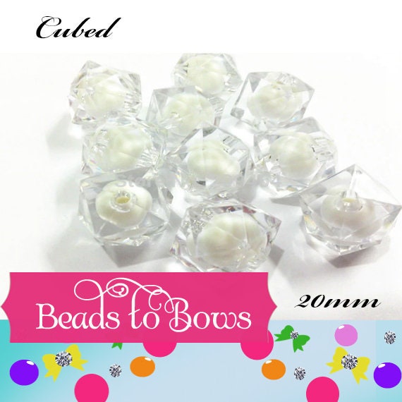 20mm White Cubed Faceted Beads, Bead In A Bead Bubblegum Bead, Chunky Faceted Beads, Chunky Beads Bubblegum Bead