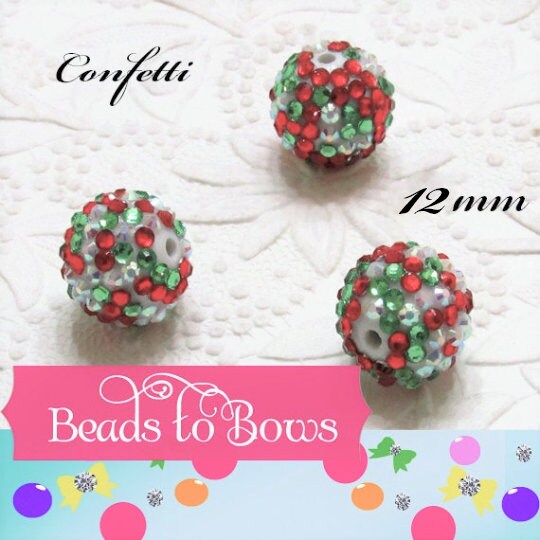 12mm Red and Green on White Rhinestone Beads, Christmas Confetti Bubblegum Rhinestone Beads, Chunky Rhinestone Beads, Chunky Bead Supply