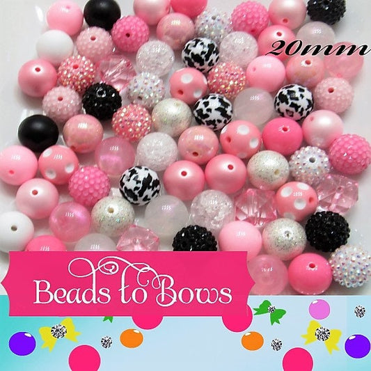 20mm Pink Black and White Cow Print Bubblegum Beads, Mixed Gumball Beads, Bubblegum Necklace Supply Beads, Chunky Bead Supply,