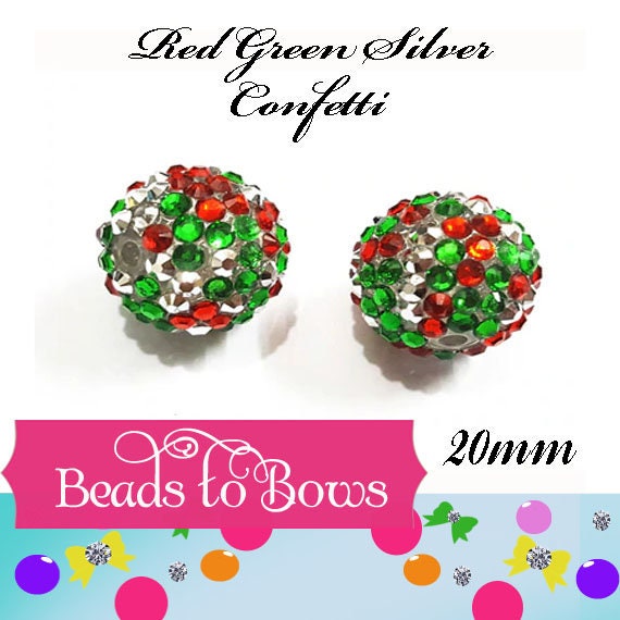 New 20mm Red, Green, Silver Confetti Rhinestone Beads, Bubblegum Beads, 20mm Rhinestone Confetti Beads, Jewelry Bead Supply