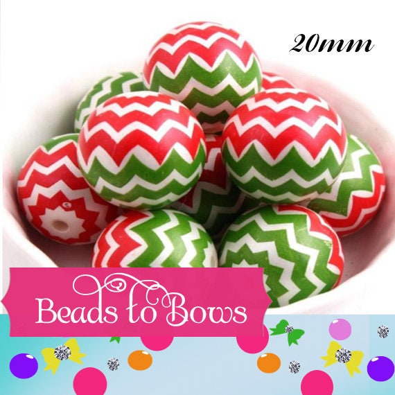 NEW 20mm Printed Chevron Red and Green  Bubblegum Beads, Chunky Gumball Beads, Bubblegum Bead Supply, Chunky Printed Pearl Beads