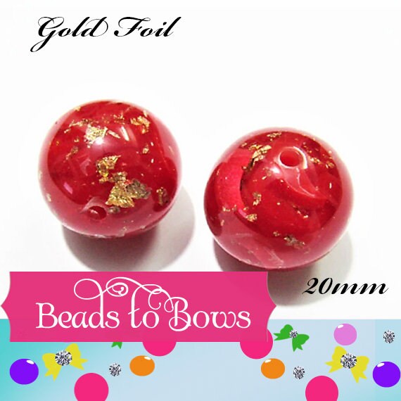 NEW 20mm Gold Foil In Red Resin BUbblegum Beads, Red Foil Bubblegum Beads, Chunky Foil Bead, Chunky Bubblegum Gold  In Red Bead Supply