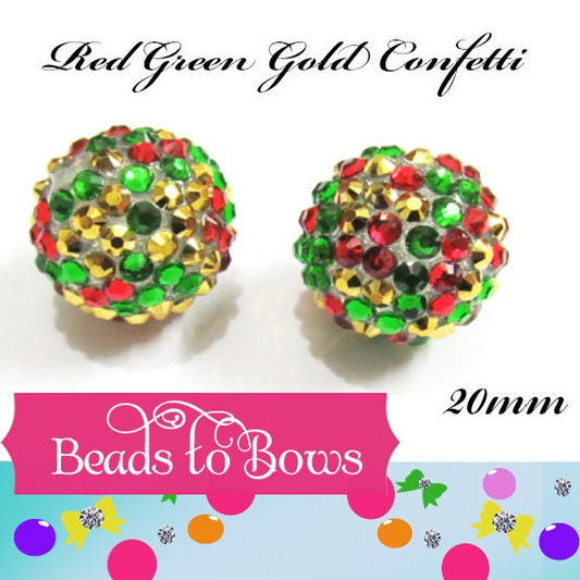 NEW 20mm Red Green Gold  Confetti Rhinestone Beads,  Bubblegum Rhinestone Beads, Chunky Rhinestone Beads, Chunky Bead Supply