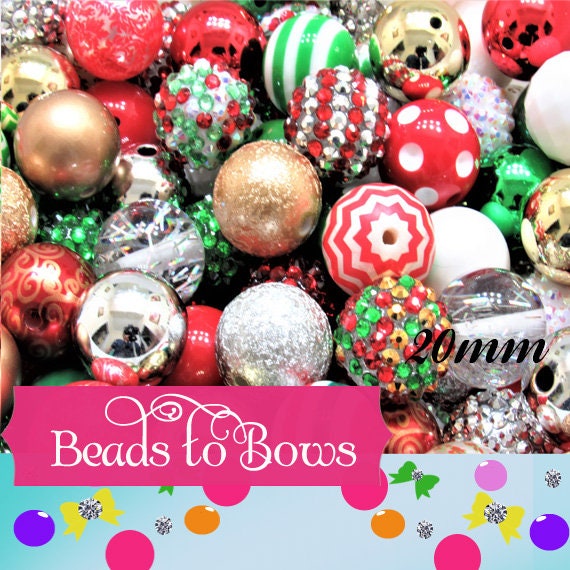 New 20mm Christmas Mix Bubblegum Beads, Red Green White Gold Silver Mixed Gumball Beads, Beadable Pen Mix, Mix included 2 focal beads