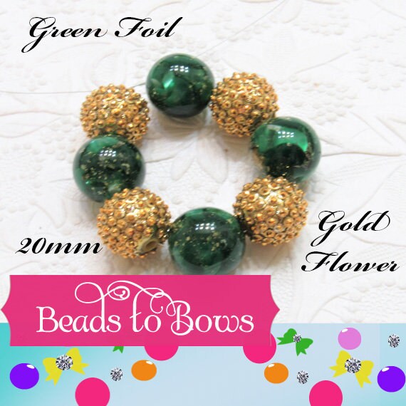 NEW 20mm Gold Foil In Green Resin Bubblegum Beads, Green and Gold Foil Bubblegum Beads, Chunky Foil Bead, Chunky Bubblegum Gold In Green