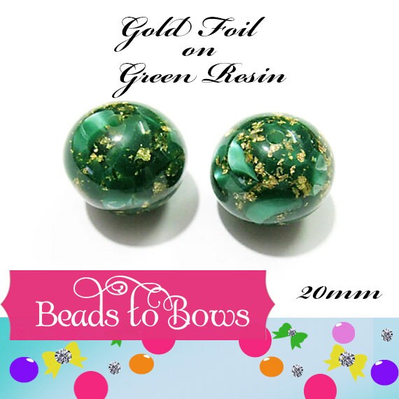 NEW 20mm Gold Foil In Green Resin Bubblegum Beads, Green and Gold Foil Bubblegum Beads, Chunky Foil Bead, Chunky Bubblegum Gold In Green