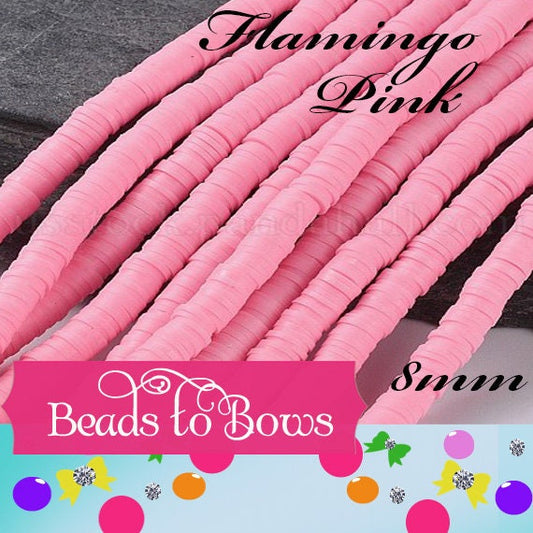 8mm Flamingo Pink Heishi Bead Strands, Flat Round Polymer Clay Beads, Disc Heishi Beads, LIght Weight, Hawiian Earring Beads, Bracelets