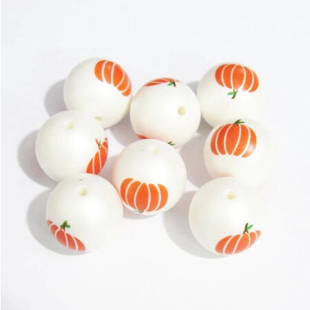 NEW 20mm Pumpkin Printed Beads, Bubblegum Pumpkin Print  Bead - Halloween Pumpkin Beads, Chunky Bead Supply