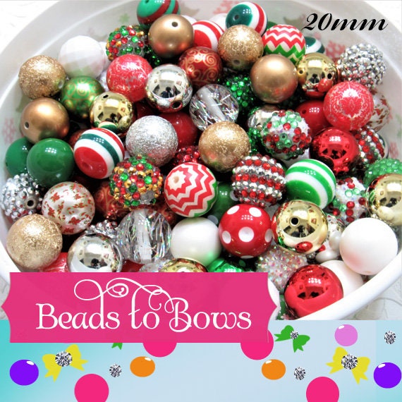 New 20mm Christmas Mix Bubblegum Beads, Red Green White Gold Silver Mixed Gumball Beads, Beadable Pen Mix, Mix included 2 focal beads